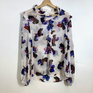 CABI Womens Floral Print Sheer Long Sleeve Ruffle Neck Blouse Top Size S